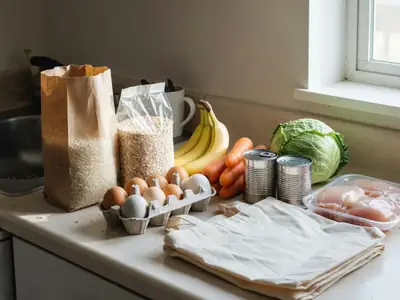 A modest week of groceries for one person laid out on a small apartment counter: a bag of rice, oats, eggs, bananas, carrots, a cabbage, canned beans and a pack of chicken thighs.