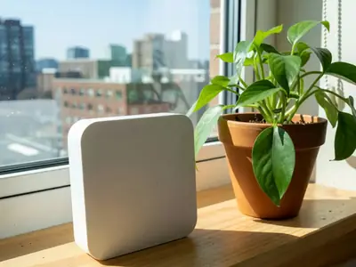 A small plain white wireless home internet receiver on a sunny windowsill beside a potted plant.