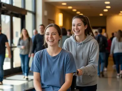 A young woman using a wheelchair and her friend entering a concert hall together, smiling.