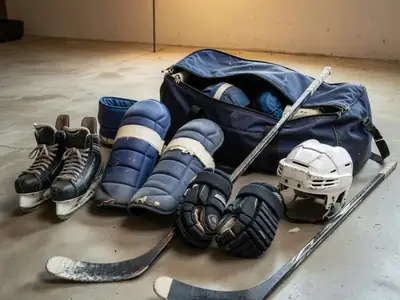 A set of used adult hockey gear laid out on a basement floor: skates, shin pads, gloves, a helmet, a stick and a gear bag.