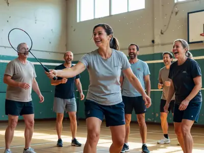 A woman in her forties playing doubles badminton in a community gym.