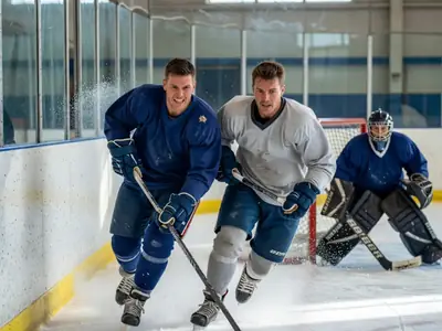 Mid-game action in an adult recreational hockey game, two players in mismatched plain jerseys chasing the puck along the boards while a goalie crouches in the net.