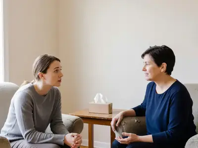 A young woman talking with a counsellor in a warm, plainly furnished therapy room.