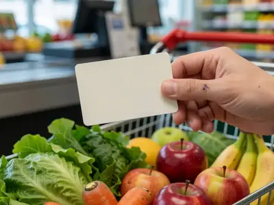 Close-up of a shopper's hand holding a plain blank loyalty card above a grocery cart full of produce.