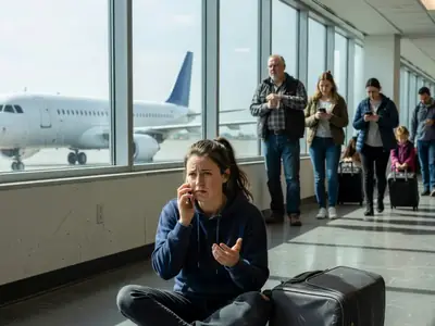 A frustrated traveller sitting on the floor of an airport gate area with her suitcase, on the phone.