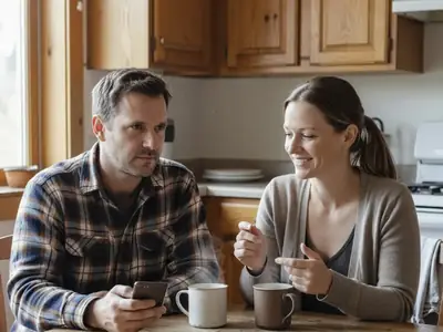 A couple at their kitchen table deciding on a yearly plan, one holding a phone face down, the other counting on her fingers with a smile.