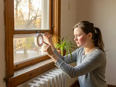 A young woman in a small rental apartment sealing a drafty window with removable weatherstripping tape.