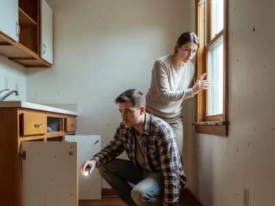 A young couple viewing an empty apartment, the man crouching to check under the kitchen sink with a flashlight while the woman looks at the window frame.