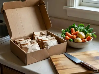 An opened plain cardboard meal-kit box on a kitchen counter with small portioned ingredients in paper bags next to a bowl of loose vegetables bought separately.