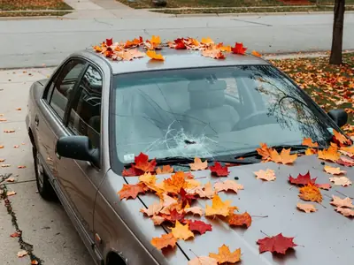 A car with a cracked windshield parked in a driveway.