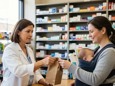 A pharmacist in a white coat handing a small paper bag to a mother with a baby in a carrier.