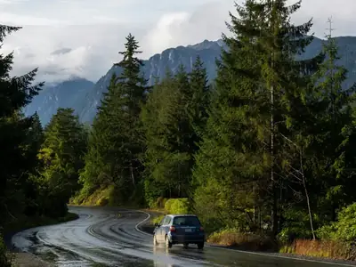 A small hatchback driving along a coastal highway with evergreen forest and mountains.