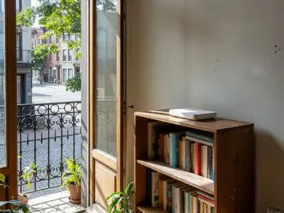 A Montréal living room with a plain white router on a bookshelf and a balcony door open to the street.