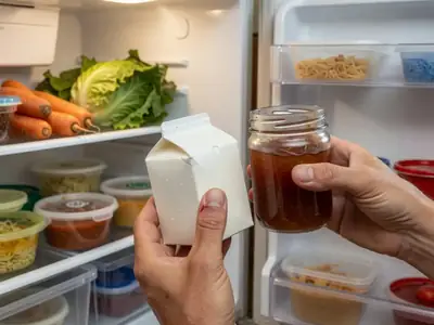 Close-up of hands holding a carton of yogurt and a jar of jam in front of an open fridge, deciding whether to keep them.