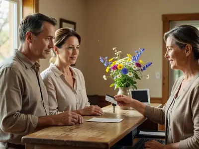A couple checking in at a small hotel front desk, the clerk handing them a key card.