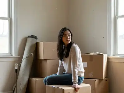 A young woman sitting on a packed moving box in a half-empty apartment, looking out the window thoughtfully.