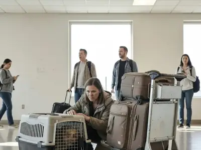 A woman kneeling beside a plastic dog travel crate in a bright airport arrivals area, checking on her dog through the crate door.