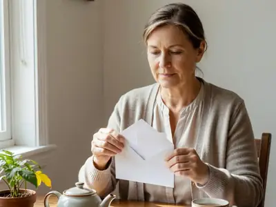 A retired woman at her kitchen table opening a plain envelope with a calm look.