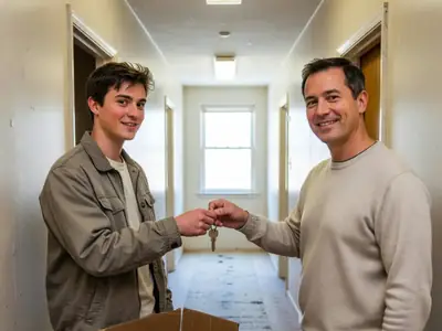 A newcomer to Canada in his twenties picking up the keys to his first apartment from a smiling landlord.