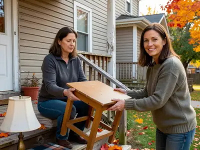 A woman handing a small wooden side table to a smiling neighbour on her front porch.