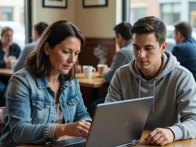Two people meeting in a busy coffee shop to exchange a used laptop, the buyer inspecting it.