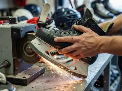 Hands holding a hockey skate as its blade is sharpened on a machine with sparks.