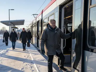 A commuter in a winter coat boarding a light rail train on an open-air platform.