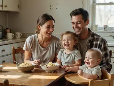 A young mother and father at a kitchen table with their toddler on a lap and a baby in a high chair, laughing together over breakfast.