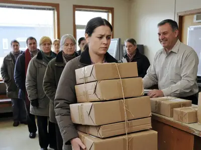 A woman carrying a stack of plain brown cardboard parcels to a post office counter, a postal clerk smiling.
