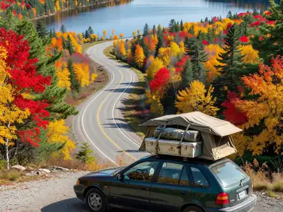 A loaded hatchback parked at a scenic lookout over a winding highway and a lake.