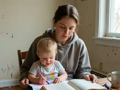 A student mother studying with a toddler on her lap at home.