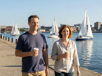 A couple walking along a city waterfront promenade with coffees on a sunny weekend.