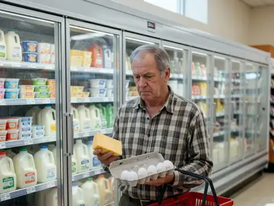 An older man holding a block of cheese and a carton of eggs in a dairy aisle, weighing up the price with a frown.