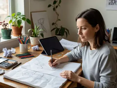 A graphic designer sketching on a paper pad at a drafting table with a tablet beside her.