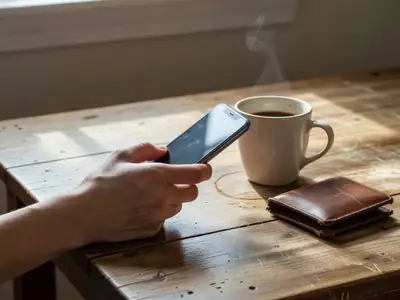 A hand holding a smartphone face down on a kitchen table next to a coffee cup and a wallet.