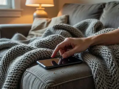 A thumb hovering over a smartphone resting on a sofa arm, the screen dark.