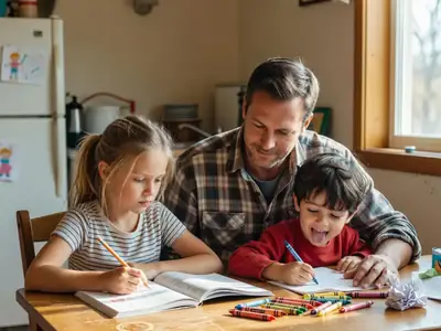 A father helping his young daughter with homework at the kitchen table while her little brother draws.