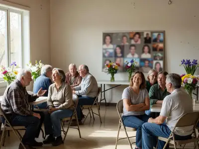 Family and friends gathered in a community hall sharing stories at a celebration of life.