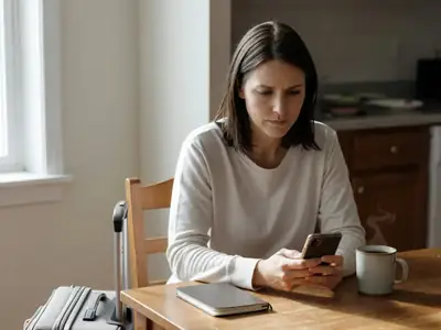 A woman sitting at a kitchen table early in the morning looking thoughtfully at her smartphone, a packed carry-on suitcase standing beside her chair.