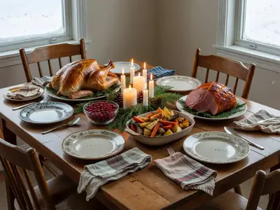 A set dining table ready for a Christmas dinner with a roast turkey, a ham, roasted root vegetables, a bowl of cranberries and a candle centrepiece with cedar sprigs.