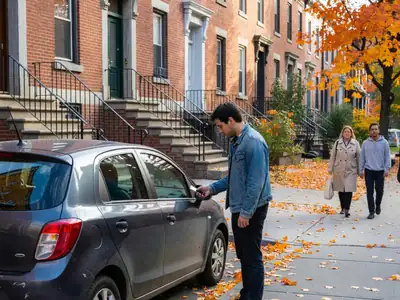 A young man unlocking a car-share hatchback with his phone on a residential city street.