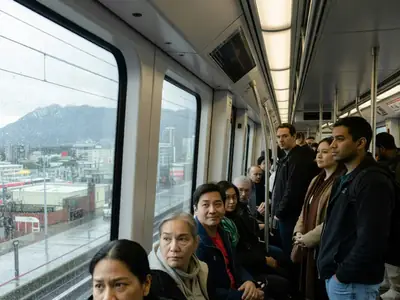 Commuters standing inside a SkyTrain car looking out at the city as it passes.
