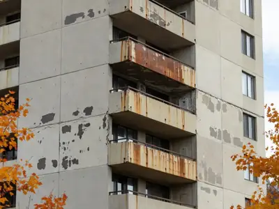 An older Canadian condo tower with weathered, cracked concrete balconies and rust stains.