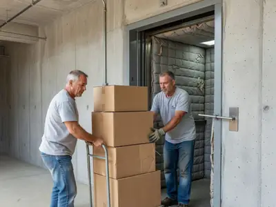 Two movers wheeling a dolly stacked with boxes into a condo service elevator lined with grey protective padding.