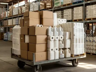 A flatbed cart in a warehouse store loaded with bulk paper towels, toilet paper and laundry detergent.