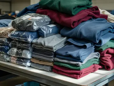 A warehouse store table piled with packs of socks, merino base layers and folded fleece jackets.