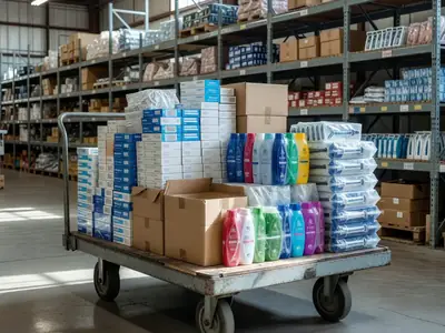 A warehouse store flatbed cart with bulk toothpaste, shampoo and razor packs.
