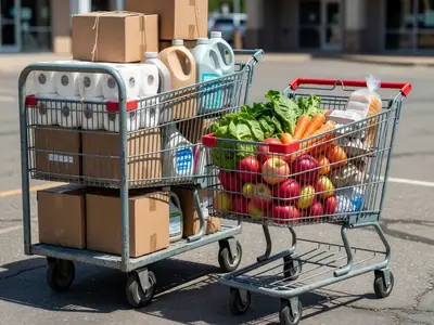 Two different shopping carts side by side, one oversized warehouse cart with bulk packs and one small supermarket cart with fresh produce and a few staples.