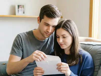 A newlywed couple in casual clothes on their sofa, the woman opening a plain envelope while the man reads over her shoulder.