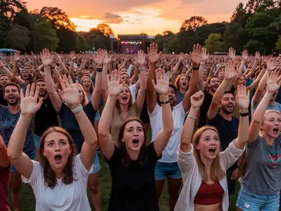 A crowd at an outdoor summer concert with hands in the air.